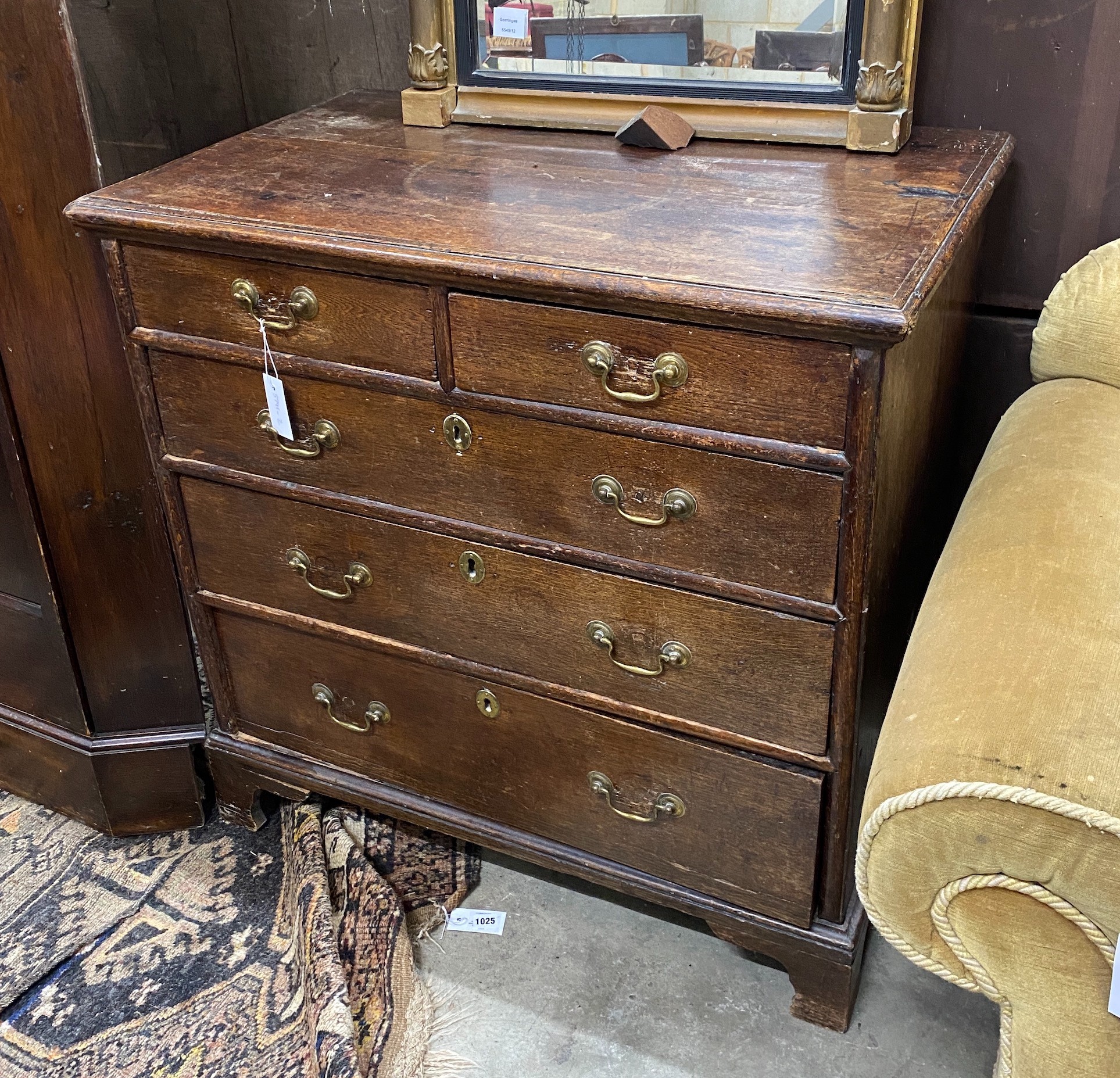 A George III provincial five drawer oak chest, width 89cm, depth 52cm, height 89cm